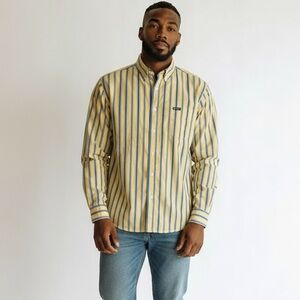 Chaps Men’s Button Down Shirt XL Yellow Blue‎ Striped Easy Care Classic Fit